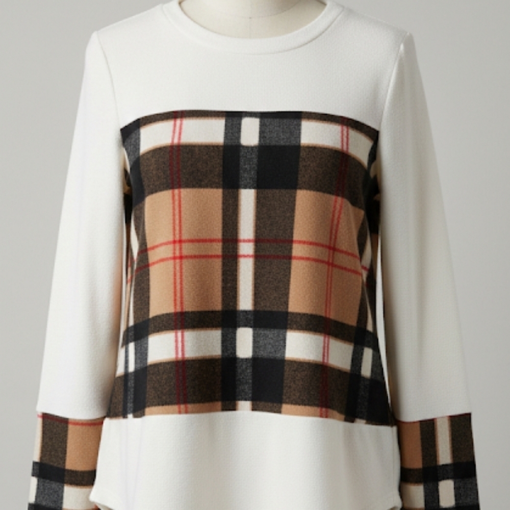 12 PM By Mon Ami White Sweater with Brown Plaid Sweater Women's Small Cabincore